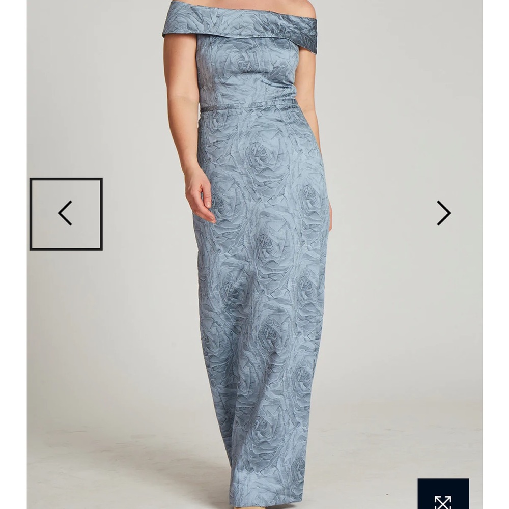 Teri Jon Rickie Freeman Jacquard Column Floor Length Gown in Slate